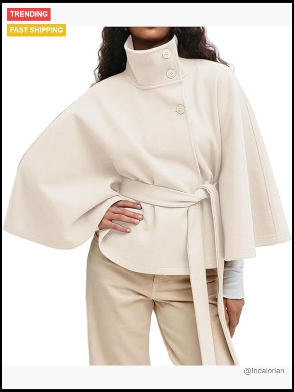 Batwing Sleeve Poncho Coat Oversized Pea Coat Stand Collar Cropped Cape Jacket